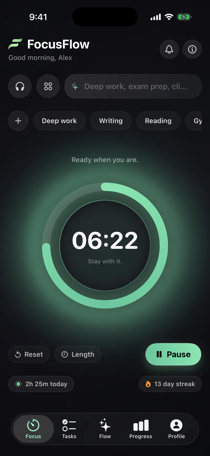 The FocusFlow timer running on iPhone, showing a session counting down.