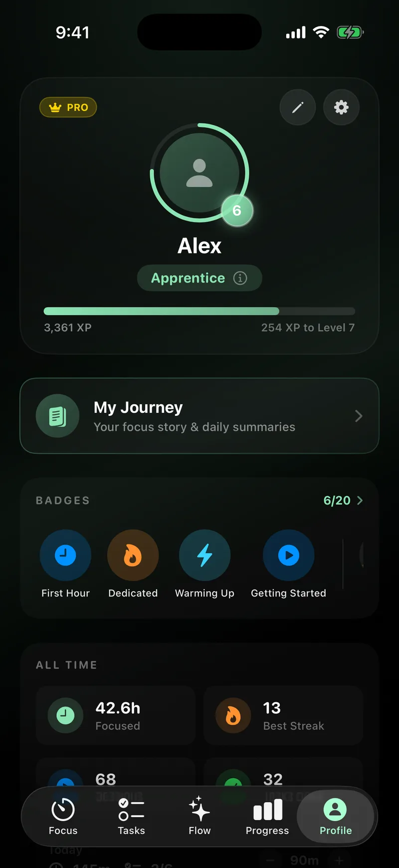 The FocusFlow profile screen on iPhone, showing a Pro badge, a level, earned badges, and all-time stats.