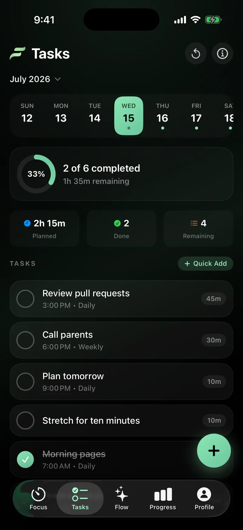 The FocusFlow tasks screen on iPhone, showing a week strip, reminders, and recurring tasks.